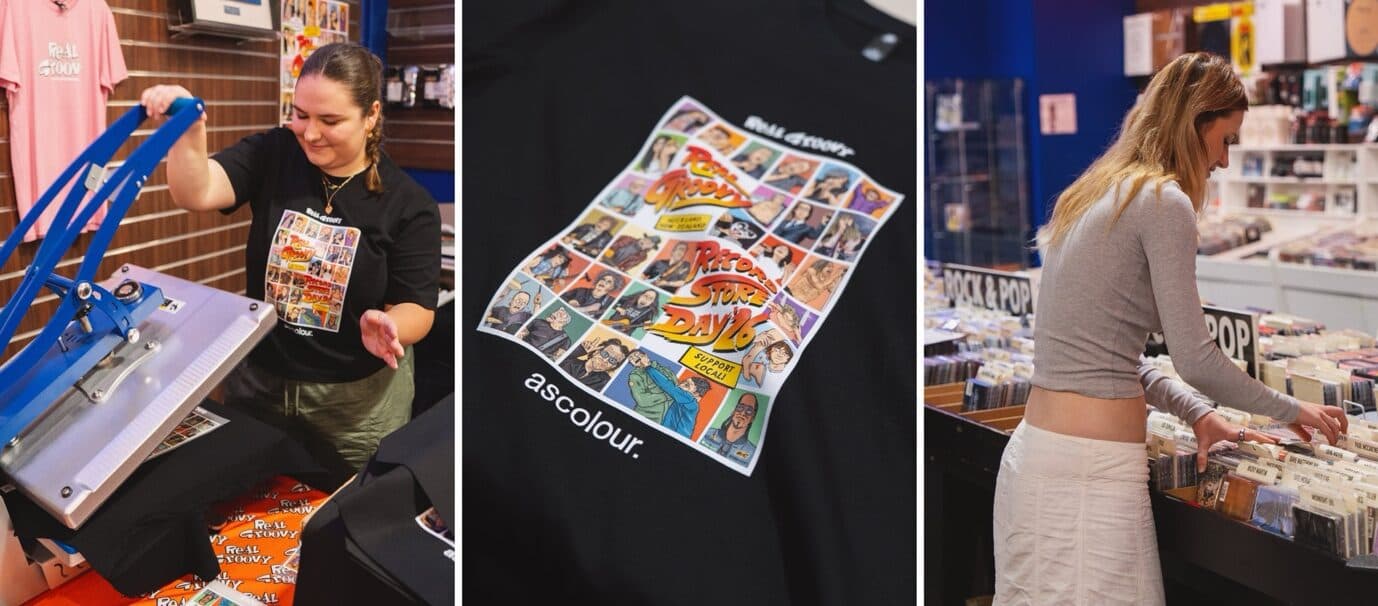 Live heat pressing Record Store Day tees at Real Groovy Records in Auckland